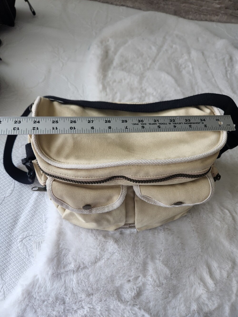 J. Peterman Beige Canvas Messenger Bag with Front Flap Pockets